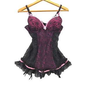 Y2K Victorias Secret Sexy Little Things Black Pink Lace Garter Babydoll 34C